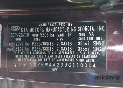 2011 Kia Sorento Sx V6 из США, поврежденный, VIN 5XYKW4A23BG110004